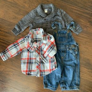 Old Navy Boys Overalls, flannel, and sweater